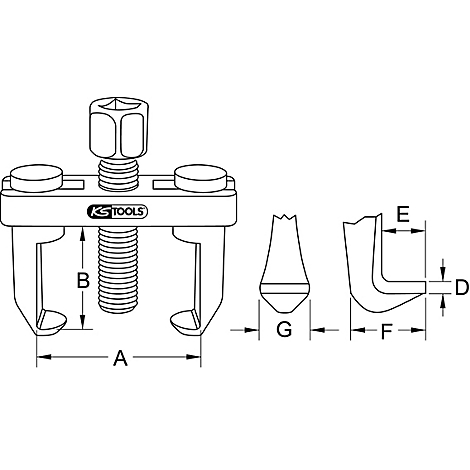 Zeichnung eines KS TOOLS Abziehers mit Maßangaben. Mittig ist eine Spindel, links und rechts Ausleger, oben zwei Knöpfe.